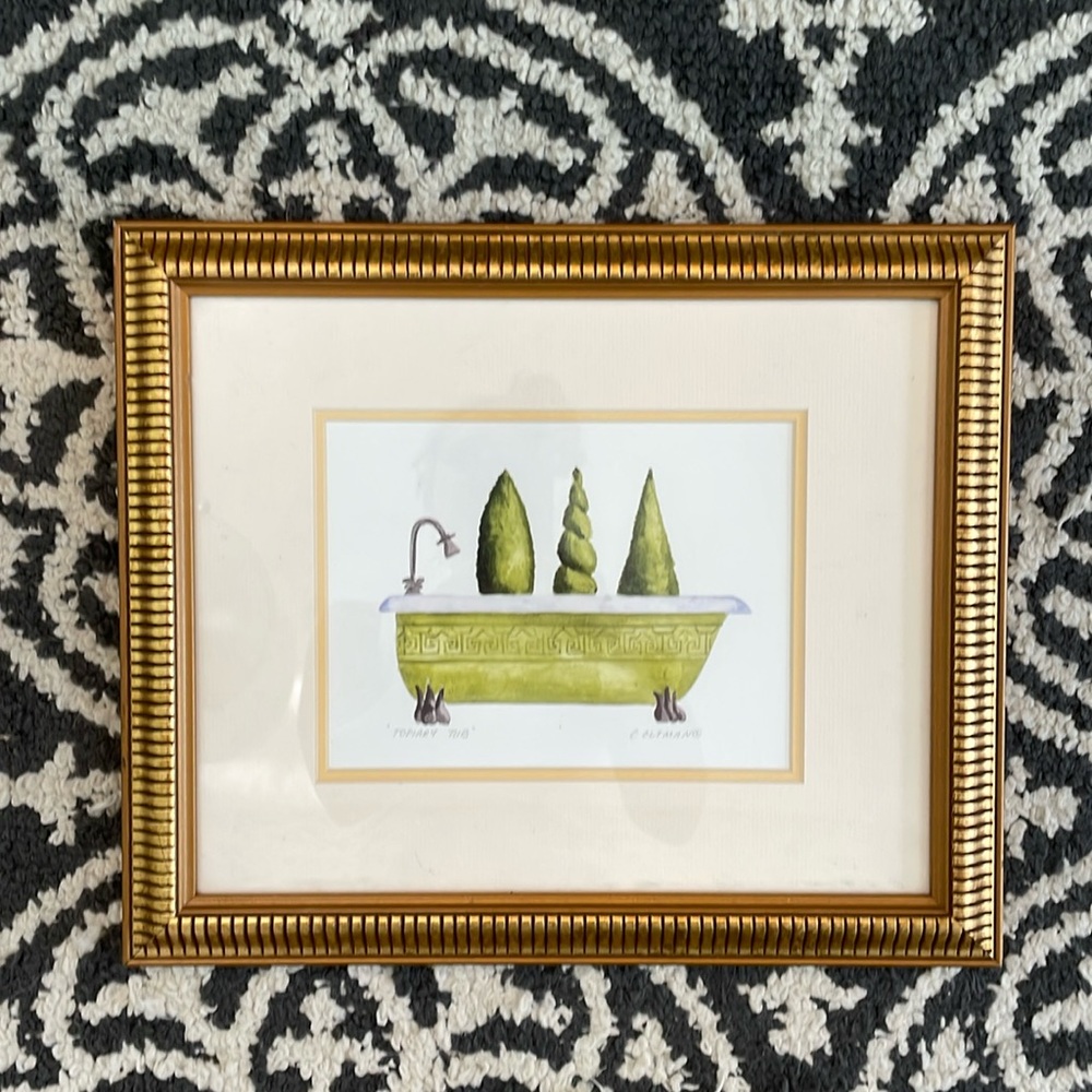 Gold framed bathroom topiary tub art